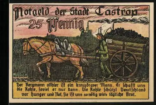 Notgeld Castrop, 1921, 25 Pfennig, Bergmann und Pferdekarren, Stadtwappen mit Burg