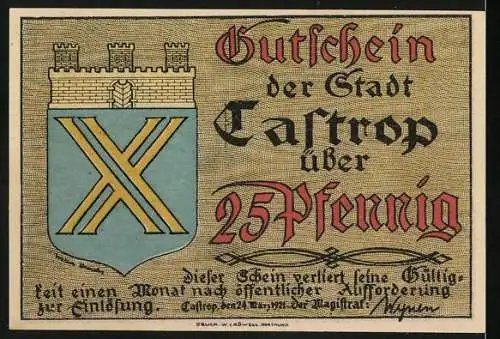 Notgeld Castrop, 1921, 25 Pfennig, Bergmann und Pferdekarren, Stadtwappen mit Burg