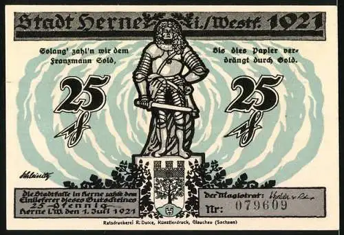 Notgeld Herne, 1921, 25 Pfennig, Industrielandschaft und Ritterstatue