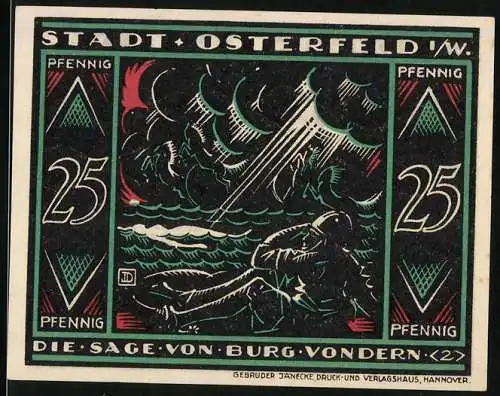 Notgeld Osterfeld 1921, 25 Pfennig, Die Sage von Burg Vondern, Gebrüder Jänecke Druck und Verlagshaus Hannover