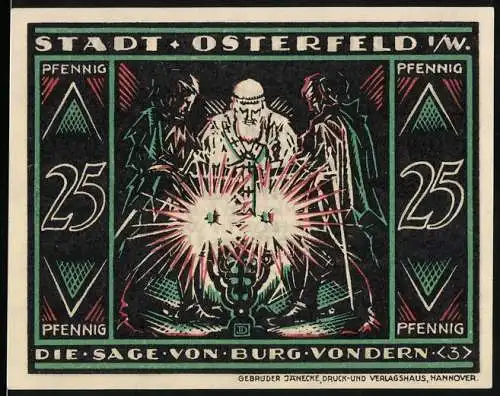 Notgeld Osterfeld 1921, 25 Pfennig, Die Sage von Burg Vondern, Stadtwappen und Unterschrift des Bürgermeisters