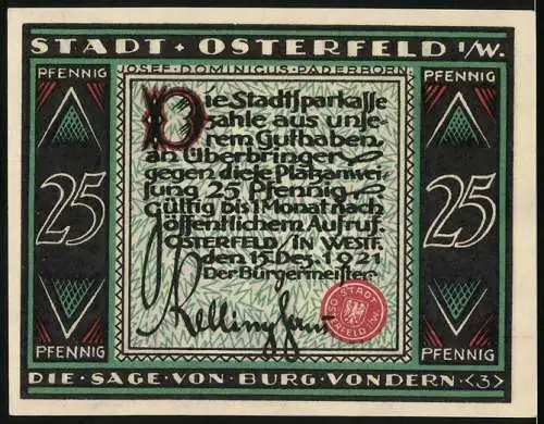 Notgeld Osterfeld 1921, 25 Pfennig, Die Sage von Burg Vondern, Stadtwappen und Unterschrift des Bürgermeisters