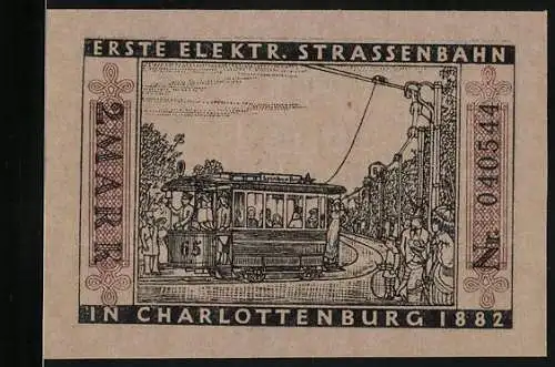 Notgeld Charlottenburg, 2 Mark, Strassenbahn und Berliner Bär, gültig bis März 1922