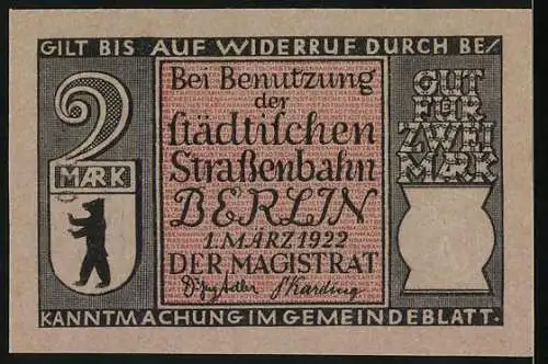 Notgeld Charlottenburg, 2 Mark, Strassenbahn und Berliner Bär, gültig bis März 1922