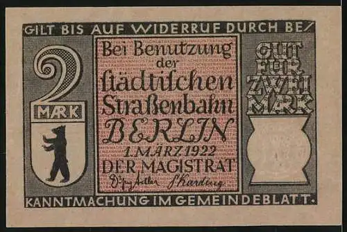 Notgeld Berlin 1922, 2 Mark, Erste Benzindroschke in Berlin 1899 auf der Vorderseite, Städtische Strassenbahn