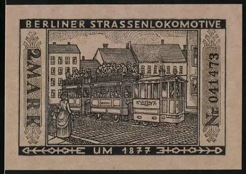 Notgeld Berlin, 1922, 2 Mark, Berliner Strassenlokomotive um 1877, Städtische Strassenbahn