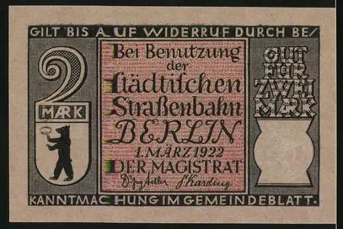 Notgeld Berlin, 1922, 2 Mark, Berliner Strassenlokomotive um 1877, Städtische Strassenbahn