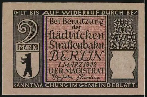 Notgeld Berlin, 1922, 2 Mark, Erste elektrische Eisenbahn Gewerbeausstellung 1869