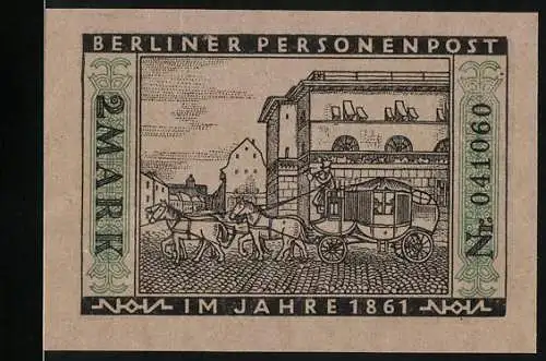 Notgeld Berlin, 1922, 2 Mark, Berliner Personenpost und städtische Strassenbahn