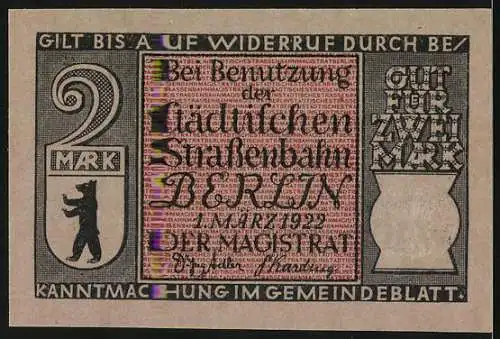 Notgeld Berlin, 1922, 2 Mark, Berliner Pferdeisenbahn aus den Jahren 1865 /1902