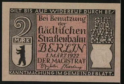 Notgeld Berlin 1922, 2 Mark, Potsdamer Bahnhof - Städtische Strassenbahn