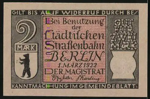 Notgeld Berlin 1922, 2 Mark, städt. Strassenbahn, Berliner Mietdroschke um 1830