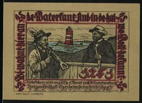 Notgeld Pries-Friedrichsort 1921, 25 Pfennig, Seemänner vor Leuchtturm und Frau mit Kindern bei Hühnern