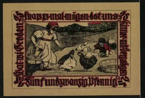 Notgeld Pries-Friedrichsort 1921, 25 Pfennig, Seemänner vor Leuchtturm und Frau mit Kindern bei Hühnern