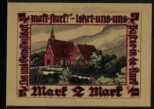 Notgeld Pries-Friedrichsort 1921, 2 Mark, Kirche mit Schriftzug und Familienarbeit im Garten