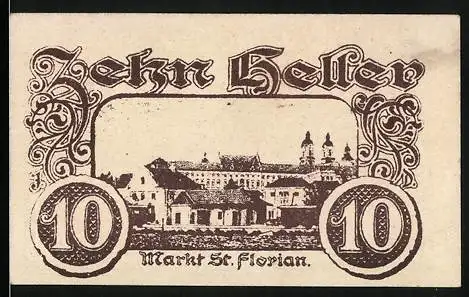 Notgeld St. Florian, 1920, 10 Heller, Klostergebäude und Inschrift auf der Rückseite