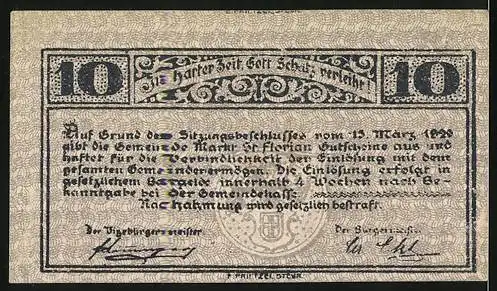 Notgeld St. Florian, 1920, 10 Heller, Klostergebäude und Inschrift auf der Rückseite