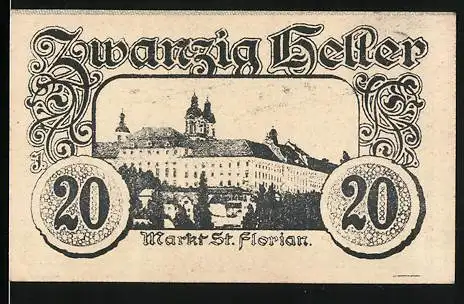 Notgeld St. Florian, 1920, 20 Heller, Klosteransicht und Notausgabevermerk