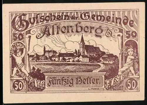 Notgeld Altenberg, 1920, 50 Heller, Gutschein der Gemeinde Altenberg mit Stadtansicht und Wertangabe