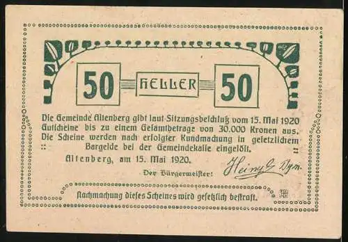 Notgeld Altenberg, 1920, 50 Heller, Gutschein der Gemeinde Altenberg mit Stadtansicht und Wertangabe