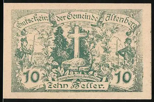 Notgeld Altenberg, 1920, 10 Heller, Gutschein der Gemeinde Altenberg mit Kreuz und Soldaten