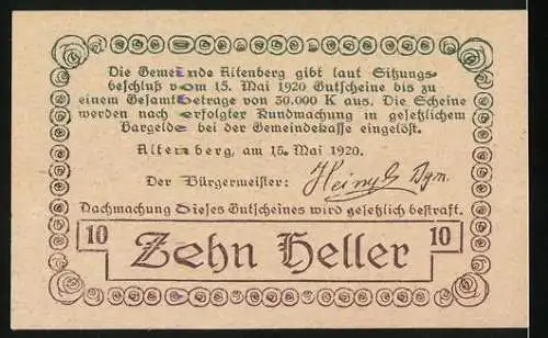 Notgeld Altenberg, 1920, 10 Heller, Gutschein der Gemeinde Altenberg mit Kreuz und Soldaten