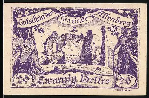 Notgeld Altenberg, 1920, 20 Heller, Ruine Lichtenbuch mit Ritterillustration und Erklärung zur Ausgabe