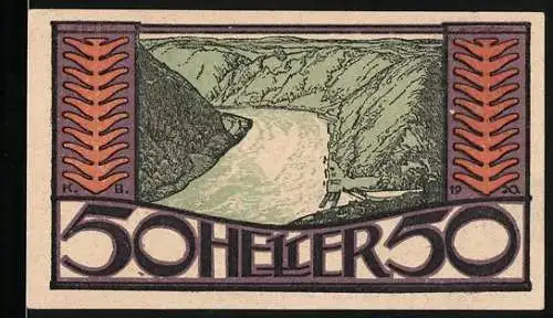 Notgeld Kirchberg an der Donau, 1920, 50 Heller, Flusslandschaft mit Unterschriften der Gemeindevorsteher