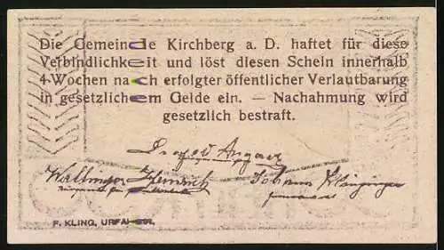 Notgeld Kirchberg an der Donau, 1920, 50 Heller, Flusslandschaft mit Unterschriften der Gemeindevorsteher