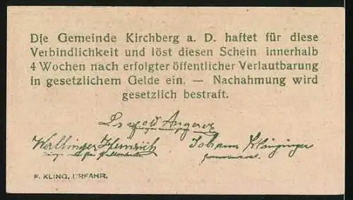 Notgeld Kirchberg an der Donau, 99 Erste Auflage, Gebäude und Schriftzüge, grüne und braune Akzente