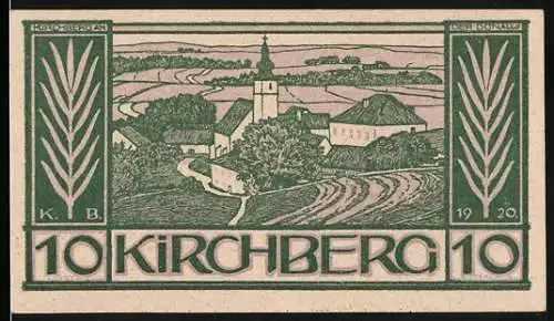 Notgeld Kirchberg 1920, 10 Heller, Abbildung einer Kirche und Landschaft