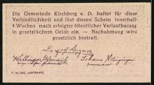 Notgeld Kirchberg, 1920, 20 Heller, Landschaft mit Zug und Erläuterung der Einlösung auf Rückseite