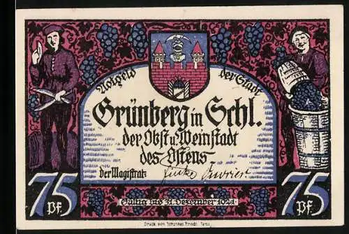 Notgeld Grünberg in Schl., 1921, 75 Pf, Vorderseite mit Weinlese und Rückseite mit Trinkspruch bei Mondschein