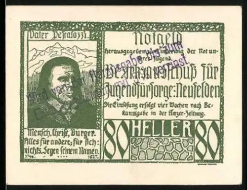 Notgeld Neufelden 1920, 80 Heller, Bezirksausschuss für Jugendfürsorge, Vater Desiderius Porträt und Stadtansicht