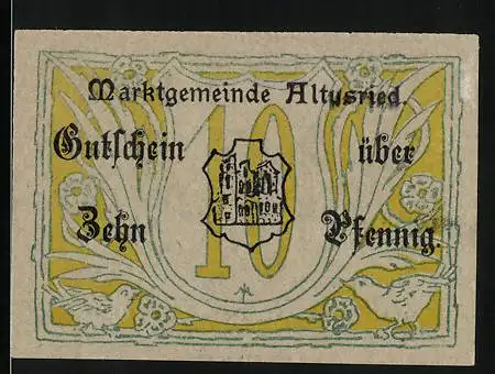 Notgeld Altusried, 1920, 10 Pfennig, Marktgemeinde Altusried, Illustration von Dorf und Tieren, gültig bis 31. Dezember