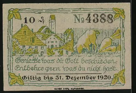 Notgeld Altusried, 1920, 10 Pfennig, Marktgemeinde Altusried, Illustration von Dorf und Tieren, gültig bis 31. Dezember