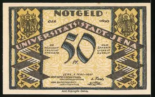 Notgeld Jena, 1921, 50 Pf, Leuchtturm und Wappenillustrationen