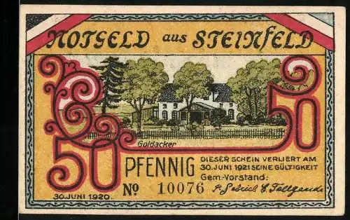 Notgeld Steinfeld, 1920, 50 Pfennig, Frontansicht eines Hauses und Rückansicht von Steinen und Bäumen