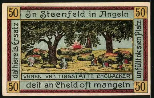 Notgeld Steinfeld, 1920, 50 Pfennig, Frontansicht eines Hauses und Rückansicht von Steinen und Bäumen