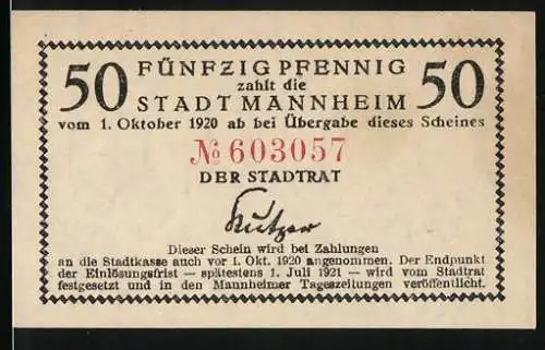 Notgeld Mannheim, 1920, 50 Pfennig, Stadt Mannheim, Nummer 603057, beige Hintergrund, Textdruck und Signatur