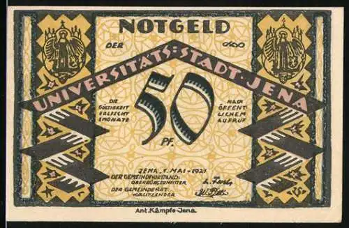 Notgeld Jena 1921, 50 Pfennig, Stadtszene mit Gebäude und Menschenversammlung