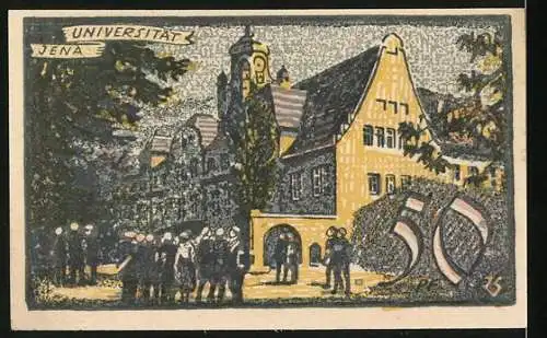 Notgeld Jena 1921, 50 Pfennig, Stadtszene mit Gebäude und Menschenversammlung