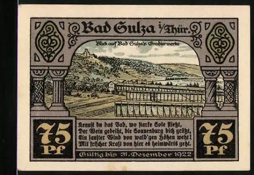 Notgeld Bad Sulza, 1922, 75 Pf, Blick auf Bad Sulza`s Gradierwerke, Stadttaler und Spaziergänger