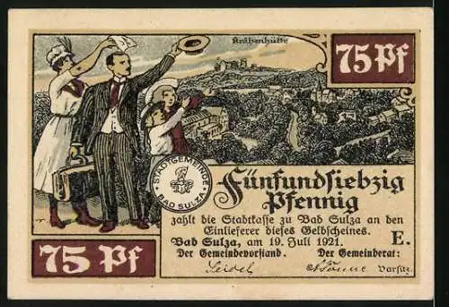 Notgeld Bad Sulza, 1922, 75 Pf, Blick auf Bad Sulza`s Gradierwerke, Stadttaler und Spaziergänger