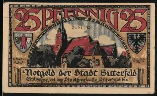 Notgeld Bitterfeld 1921, 25 Pfennig, Kapelle 1233 erbaut, Rückseite Brand 1473