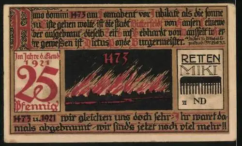 Notgeld Bitterfeld 1921, 25 Pfennig, Kapelle 1233 erbaut, Rückseite Brand 1473