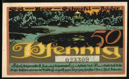 Notgeld Bad Oldesloe, 1921, 50 Pfennig, Landschaft mit Gebäude und Backszene