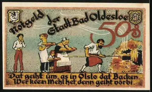 Notgeld Bad Oldesloe, 1921, 50 Pfennig, Landschaft mit Gebäude und Backszene