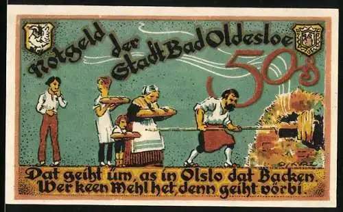 Notgeld Bad Oldesloe, 50 Pfennig, Bäcker und Backofen, Sol Moor Schwefel Bäder, Seriennummer 014998