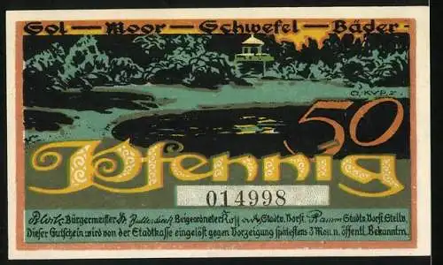 Notgeld Bad Oldesloe, 50 Pfennig, Bäcker und Backofen, Sol Moor Schwefel Bäder, Seriennummer 014998